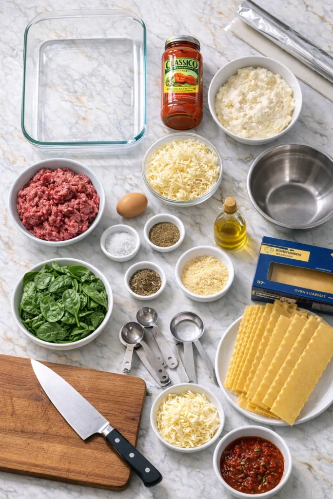 Ingredients for cheat lasagna recipe arranged on white marble counter including ground beef, ricotta cheese, mozzarella, marinara sauce, and oven-ready noodles