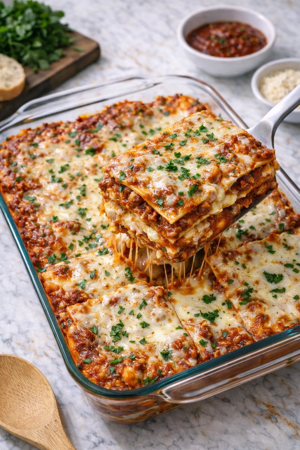 Finished cheat lasagna recipe with golden bubbling cheese in a 9x13 baking dish, garnished with fresh basil, showing perfect layers