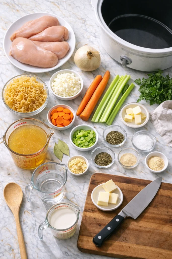 Overhead shot of chicken and noodles crockpot ingredients on white marble counter including raw chicken, vegetables, and egg noodles