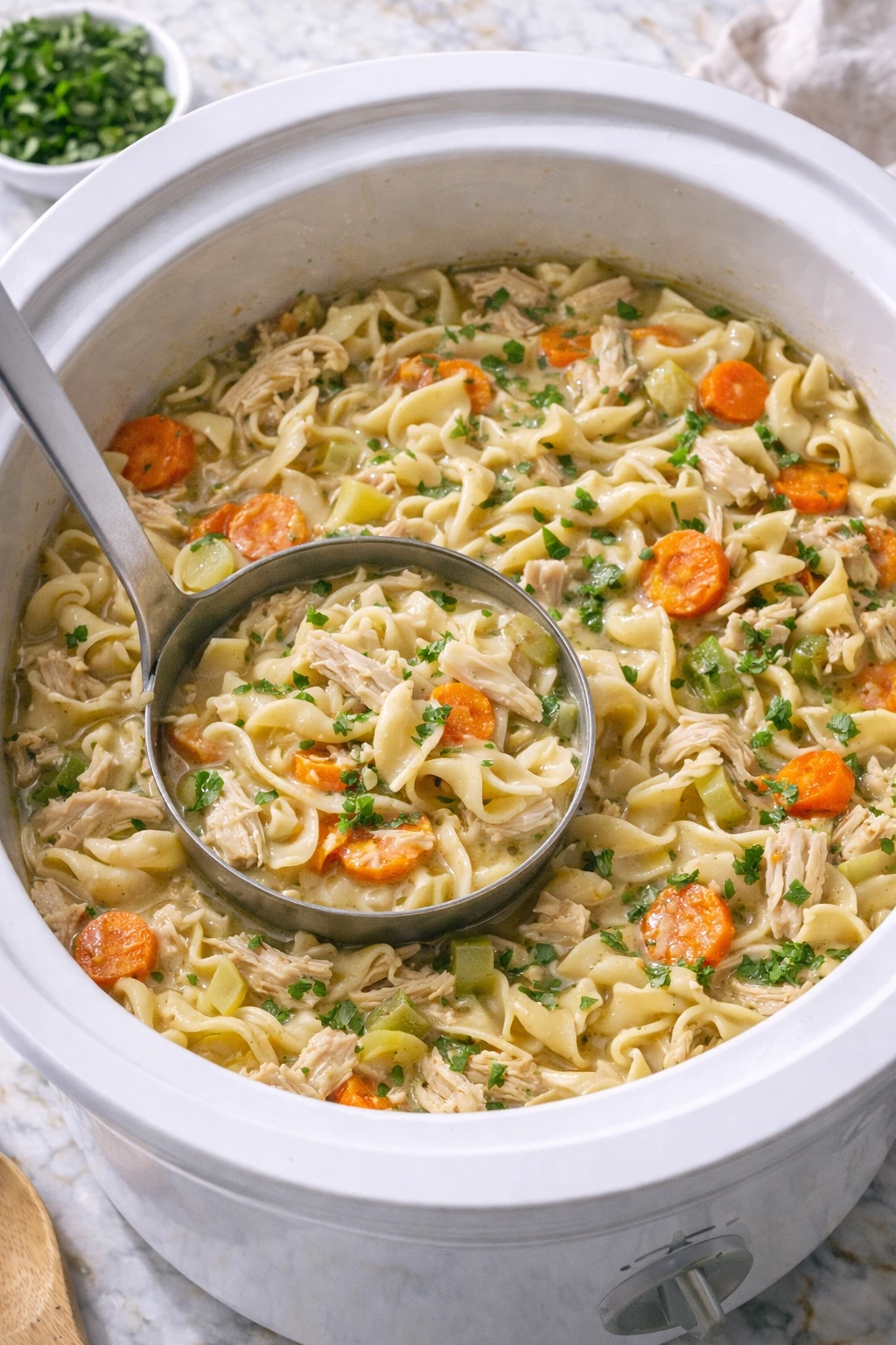 Chicken and noodles crockpot recipe with tender shredded chicken, egg noodles, carrots and celery in creamy broth
