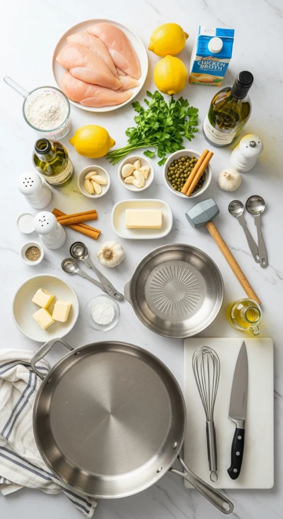 Chicken piccata ingredients arranged on white marble counter including fresh lemons, capers, and boneless chicken breasts