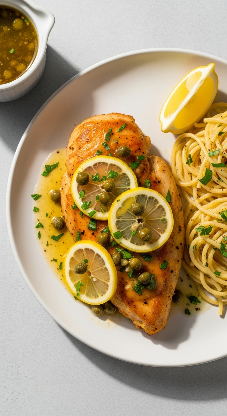 Golden crispy chicken piccata plated with lemon caper butter sauce and fresh parsley garnish