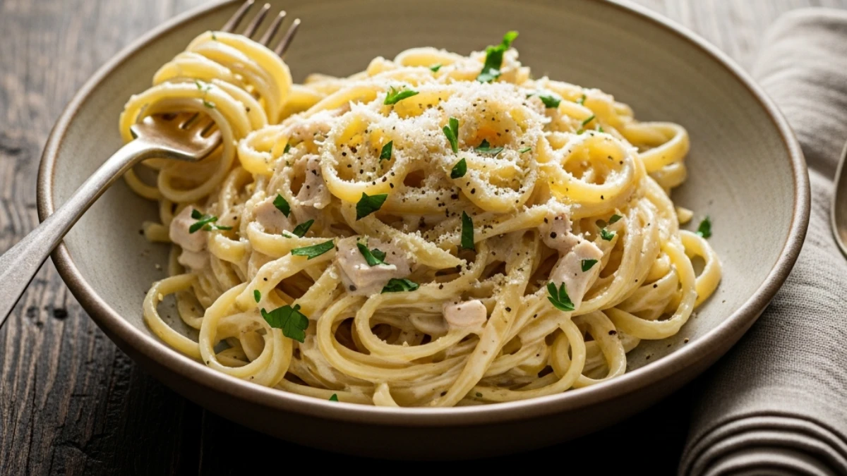 A close-up of creamy Alfredo spaghetti topped with fresh parsley and large shavings of Parmesan cheese, served in a white bowl.