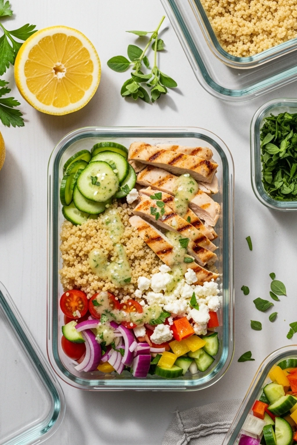 Assembled high protein Mediterranean meal prep bowls in glass containers with chicken quinoa vegetables feta and lemon herb dressing