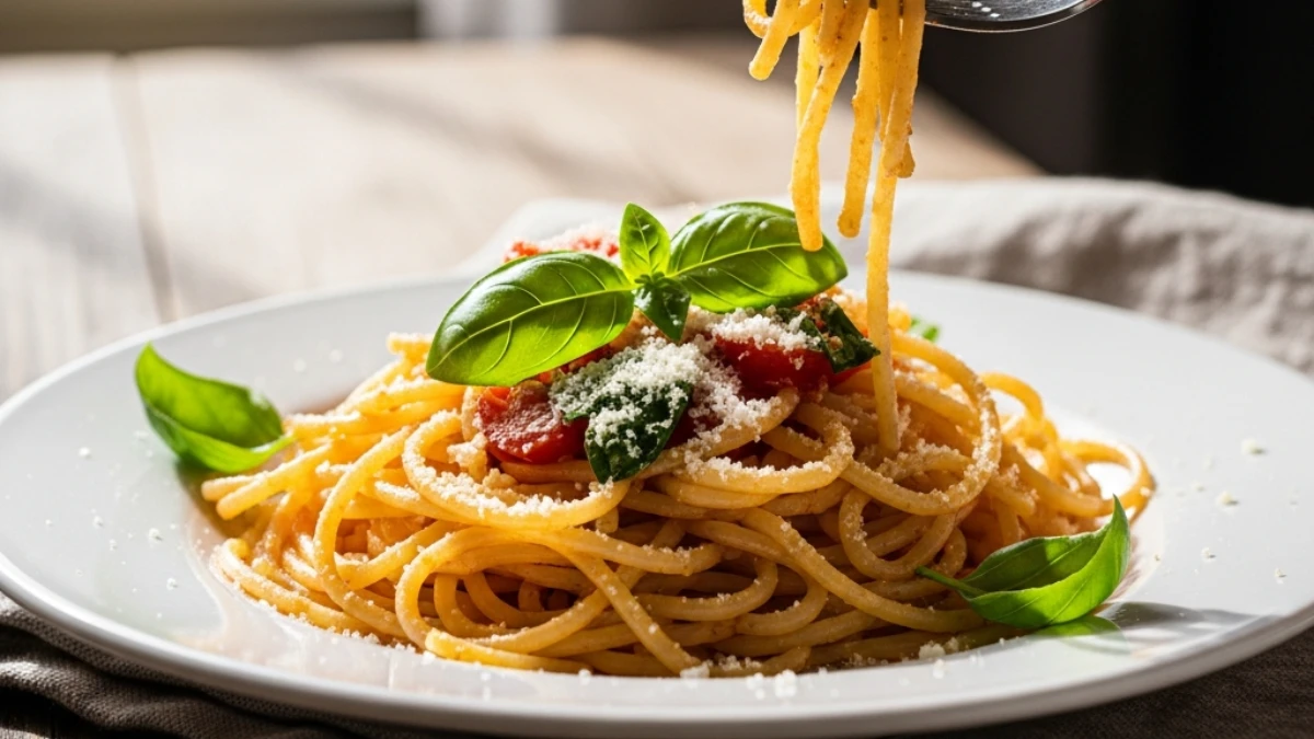 Close-up of pasta with fresh tomato sauce, grated Parmesan cheese, and bright basil leaves being lifted by a fork on a rustic table.